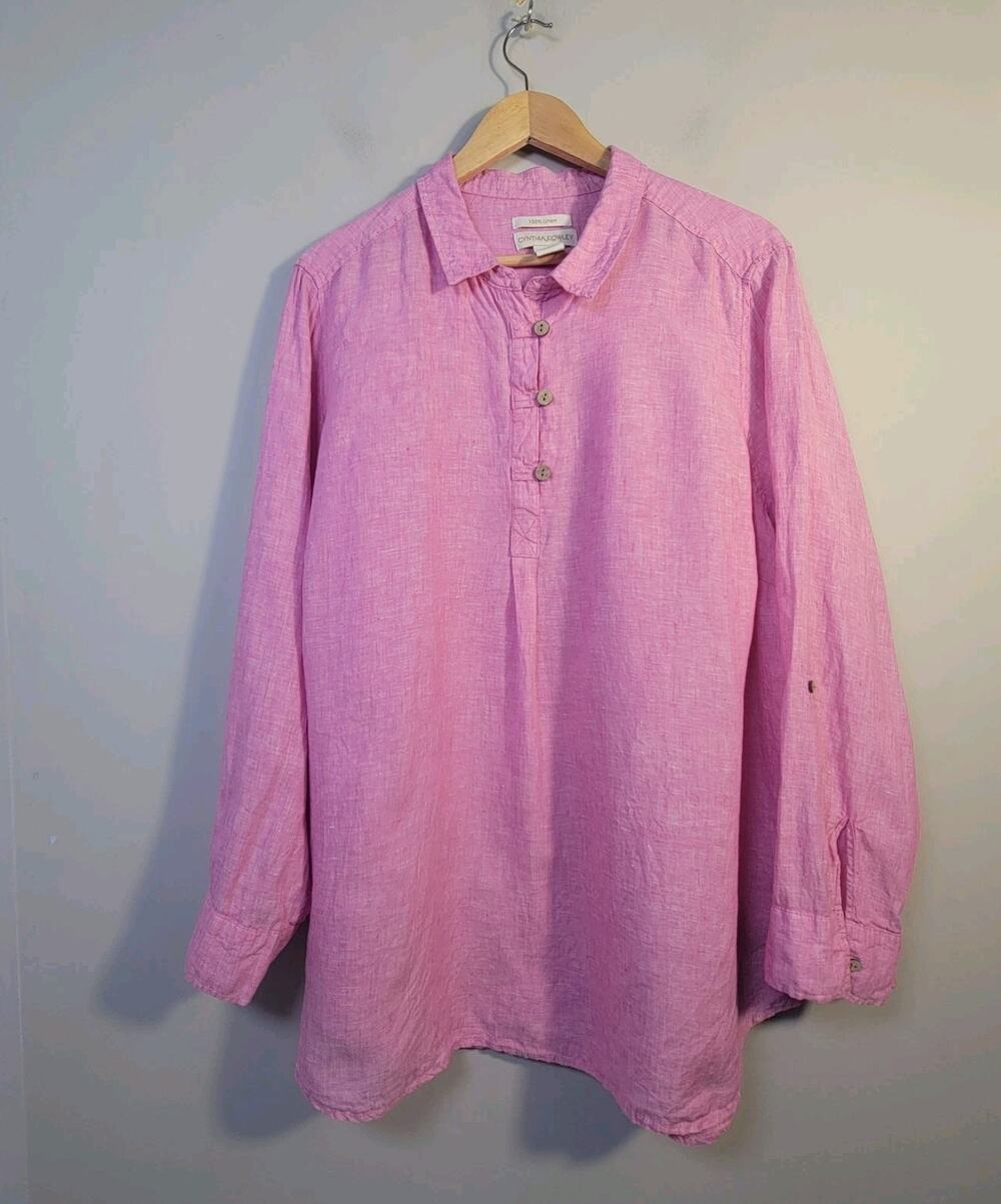 Cynthia Rowley 2X Linen Roll Tab Sleeve Popover Top Tunic Pink